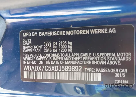 2013 BMW 335I из США, поврежденный, VIN WBADX7C5XDJ589892